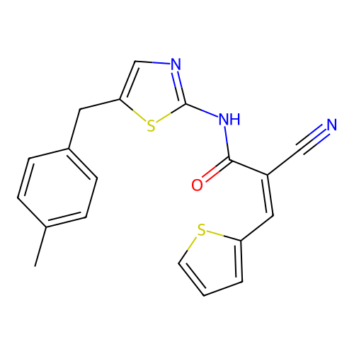 (Z)-2-cyano-N-(5-(4-methylbenzyl)thiazol-2-yl)-3-(thiophen-2-yl)acrylamide structure