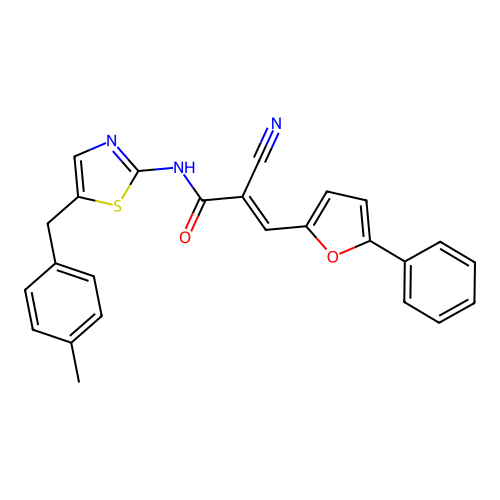 (E)-2-cyano-N-(5-(4-methylbenzyl)thiazol-2-yl)-3-(5-phenylfuran-2-yl)acrylamide structure