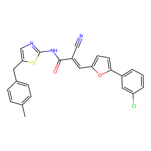 (2E)-3-[5-(3-chlorophenyl)(2-furyl)]-2-cyano-N-{5-[(4-methylphenyl)methyl](1,3 -thiazol-2-yl)}prop-2-enamide structure