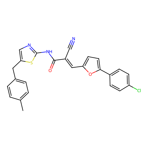 (2E)-3-[5-(4-chlorophenyl)(2-furyl)]-2-cyano-N-{5-[(4-methylphenyl)methyl](1,3 -thiazol-2-yl)}prop-2-enamide structure