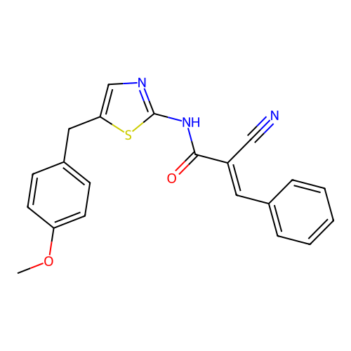 (2E)-2-cyano-N-[5-(4-methoxybenzyl)-1,3-thiazol-2-yl]-3-phenylprop-2-enamide structure