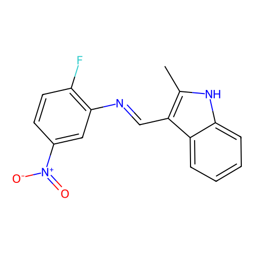 2-fluoro-N-[(E)-(2-methyl-1H-indol-3-yl)methylidene]-5-nitroaniline structure