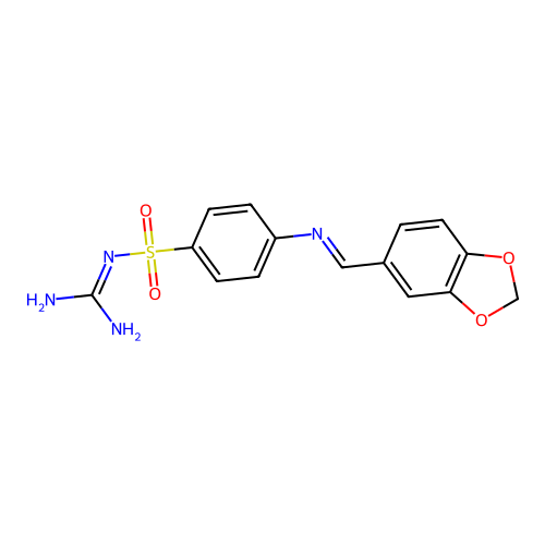 4-{[(E)-1,3-benzodioxol-5-ylmethylidene]amino}-N-carbamimidoylbenzenesulfonamide structure
