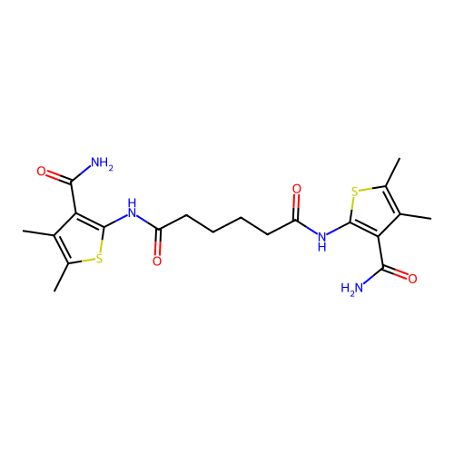 N,N'-bis(3-carbamoyl-4,5-dimethylthiophen-2-yl)hexanediamide structure
