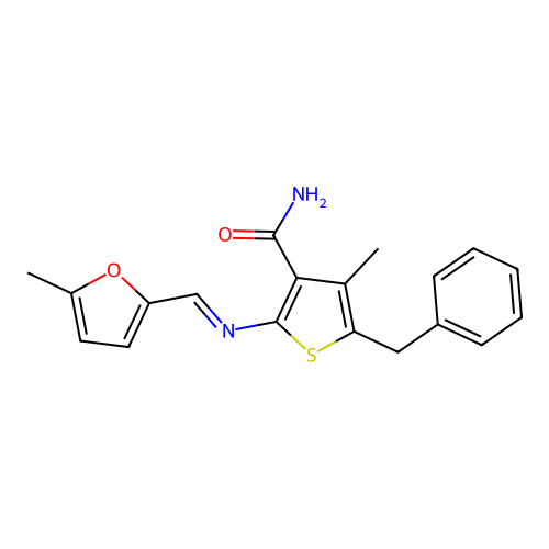 5-Benzyl-4-methyl-2-{[(5-methyl-2-furyl)methylene]amino}-3-thiophenecarboxamide structure