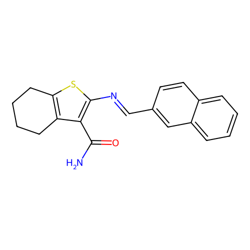 2-(naphthalen-2-ylmethylideneamino)-4,5,6,7-tetrahydrobenzothiophene-3-carboxamide structure