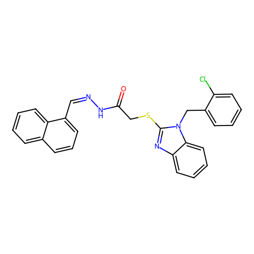 (Z)-2-((1-(2-chlorobenzyl)-1H-benzo[d]imidazol-2-yl)thio)-N'-(naphthalen-1-ylmethylene)acetohydrazide structure