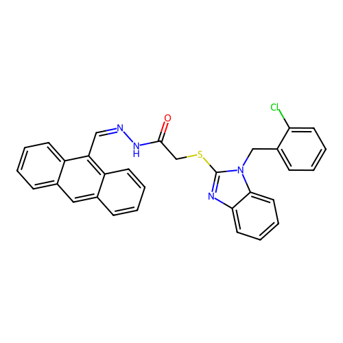 (Z)-N'-(anthracen-9-ylmethylene)-2-((1-(2-chlorobenzyl)-1H-benzo[d]imidazol-2-yl)thio)acetohydrazide structure