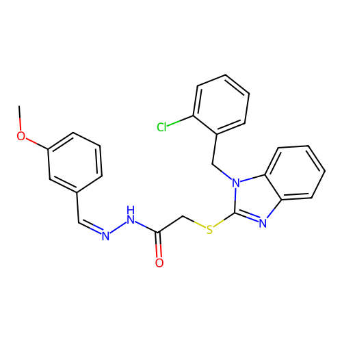 (Z)-2-((1-(2-chlorobenzyl)-1H-benzo[d]imidazol-2-yl)thio)-N'-(3-methoxybenzylidene)acetohydrazide structure