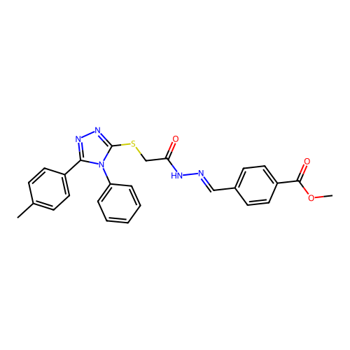 (E)-methyl 4-((2-(2-((4-phenyl-5-(p-tolyl)-4H-1,2,4-triazol-3-yl)thio)acetyl)hydrazono)methyl)benzoate structure