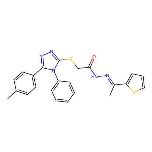(E)-2-((4-phenyl-5-(p-tolyl)-4H-1,2,4-triazol-3-yl)thio)-N'-(1-(thiophen-2-yl)ethylidene)acetohydrazide structure