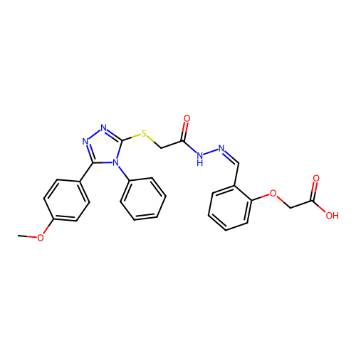 (2-{(E)-[({[5-(4-methoxyphenyl)-4-phenyl-4H-1,2,4-triazol-3-yl]thio}acetyl)hydrazono]methyl}phenoxy)acetic acid structure