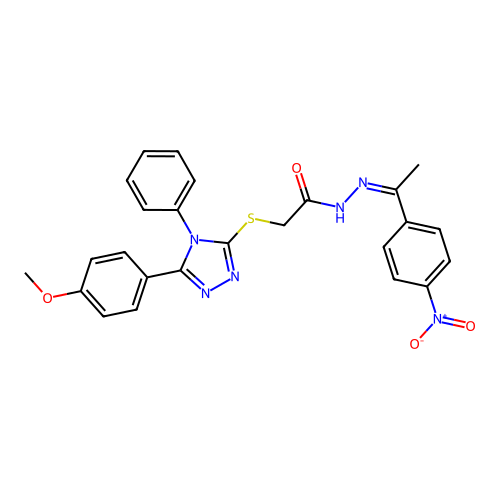 (Z)-2-((5-(4-methoxyphenyl)-4-phenyl-4H-1,2,4-triazol-3-yl)thio)-N'-(1-(4-nitrophenyl)ethylidene)acetohydrazide structure