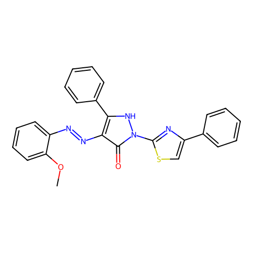 4-[(2-methoxyphenyl)hydrazinylidene]-5-phenyl-2-(4-phenyl-1,3-thiazol-2-yl)pyrazol-3-one structure