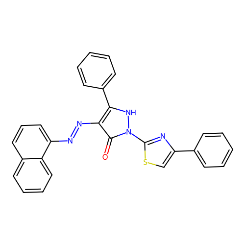 4-(naphthalen-1-ylhydrazinylidene)-5-phenyl-2-(4-phenyl-1,3-thiazol-2-yl)pyrazol-3-one structure