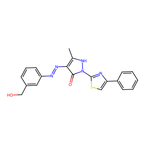 4-{[3-(hydroxymethyl)phenyl]hydrazono}-5-methyl-2-(4-phenyl-1,3-thiazol-2-yl)-2,4-dihydro-3H-pyrazol-3-one structure
