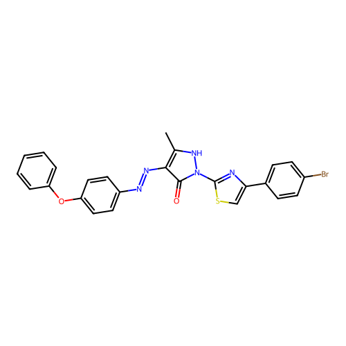 2-[4-(4-bromophenyl)-1,3-thiazol-2-yl]-5-methyl-4-[(4-phenoxyphenyl)hydrazinylidene]pyrazol-3-one structure