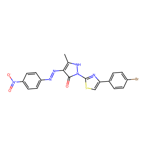 2-[4-(4-bromophenyl)-1,3-thiazol-2-yl]-5-methyl-4-[(4-nitrophenyl)hydrazinylidene]pyrazol-3-one structure