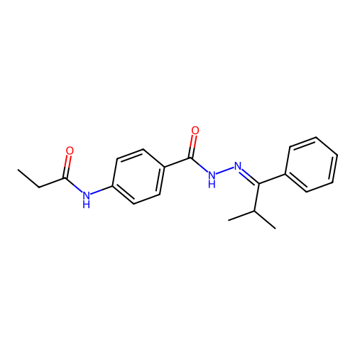 N-[(E)-(2-methyl-1-phenylpropylidene)amino]-4-(propanoylamino)benzamide structure