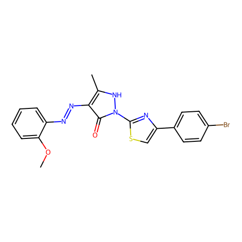 2-[4-(4-bromophenyl)-1,3-thiazol-2-yl]-4-[(2-methoxyphenyl)hydrazono]-5-methyl-2,4-dihydro-3H-pyrazol-3-one structure
