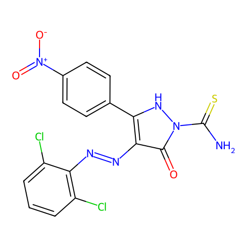 4-[(2,6-dichlorophenyl)hydrazono]-3-(4-nitrophenyl)-5-oxo-4,5-dihydro-1H-pyrazole-1-carbothioamide structure