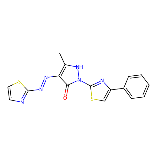 5-methyl-2-(4-phenyl-1,3-thiazol-2-yl)-4-(1,3-thiazol-2-ylhydrazinylidene)pyrazol-3-one structure
