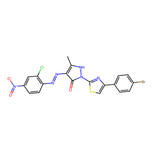 (4E)-1-[4-(4-BROMOPHENYL)-1,3-THIAZOL-2-YL]-4-[2-(2-CHLORO-4-NITROPHENYL)HYDRAZIN-1-YLIDENE]-3-METHYL-4,5-DIHYDRO-1H-PYRAZOL-5-ONE structure