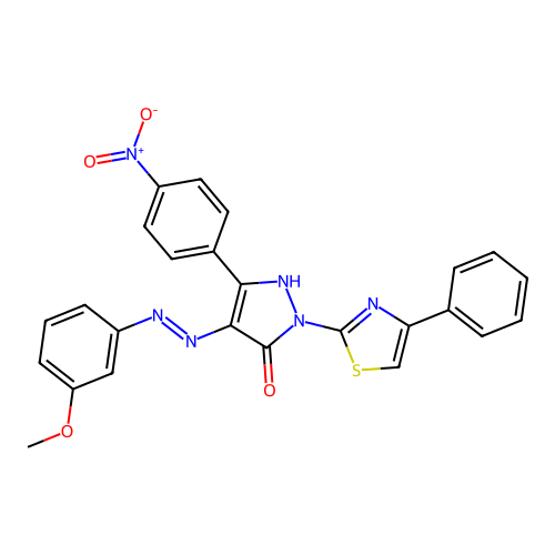 4-[(3-methoxyphenyl)hydrazinylidene]-5-(4-nitrophenyl)-2-(4-phenyl-1,3-thiazol-2-yl)pyrazol-3-one structure