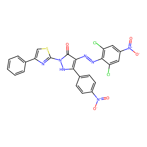 4-[(2,6-dichloro-4-nitrophenyl)hydrazono]-5-(4-nitrophenyl)-2-(4-phenyl-1,3-thiazol-2-yl)-2,4-dihydro-3H-pyrazol-3-one structure