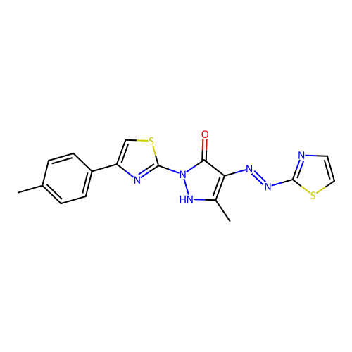 5-methyl-2-[4-(4-methylphenyl)-1,3-thiazol-2-yl]-4-(1,3-thiazol-2-ylhydrazinylidene)pyrazol-3-one structure