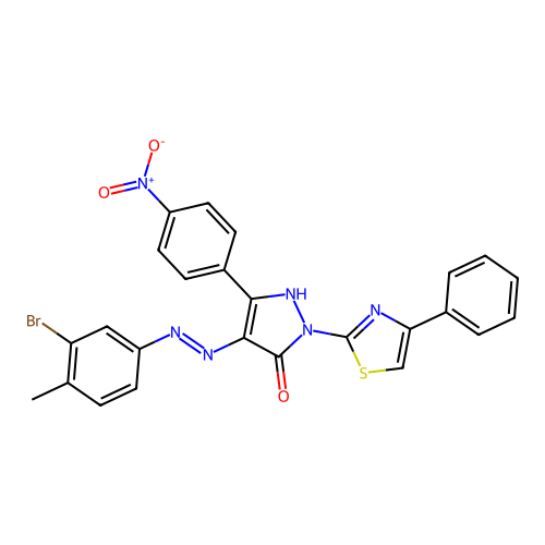 (4E)-4-[2-(3-BROMO-4-METHYLPHENYL)HYDRAZIN-1-YLIDENE]-3-(4-NITROPHENYL)-1-(4-PHENYL-1,3-THIAZOL-2-YL)-4,5-DIHYDRO-1H-PYRAZOL-5-ONE structure