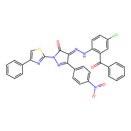 3-(4-nitrophenyl)-1-(4-phenyl-1,3-thiazol-2-yl)-1H-pyrazole-4,5-dione 4-[(2-benzoyl-4-chlorophenyl)hydrazone] structure