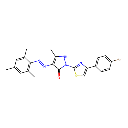 (4E)-1-[4-(4-BROMOPHENYL)-1,3-THIAZOL-2-YL]-3-METHYL-4-[2-(2,4,6-TRIMETHYLPHENYL)HYDRAZIN-1-YLIDENE]-4,5-DIHYDRO-1H-PYRAZOL-5-ONE structure