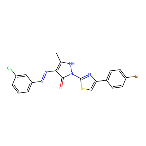 2-[4-(4-bromophenyl)-1,3-thiazol-2-yl]-4-[(3-chlorophenyl)hydrazono]-5-methyl-2,4-dihydro-3H-pyrazol-3-one structure