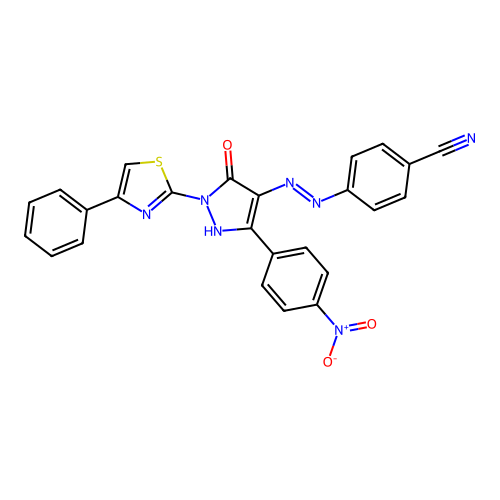 4-{2-[3-(4-nitrophenyl)-5-oxo-1-(4-phenyl-1,3-thiazol-2-yl)-1,5-dihydro-4H-pyrazol-4-ylidene]hydrazino}benzonitrile structure