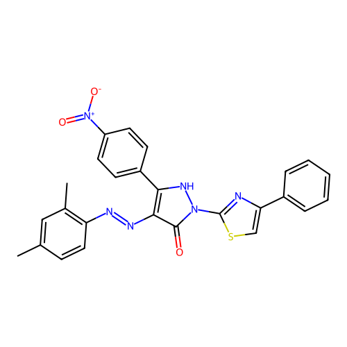 (4Z)-4-[2-(2,4-dimethylphenyl)hydrazinylidene]-5-(4-nitrophenyl)-2-(4-phenyl-1,3-thiazol-2-yl)-2,4-dihydro-3H-pyrazol-3-one structure