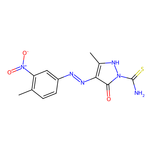 (4E)-3-methyl-4-[(4-methyl-3-nitrophenyl)hydrazinylidene]-5-oxopyrazole-1-carbothioamide structure