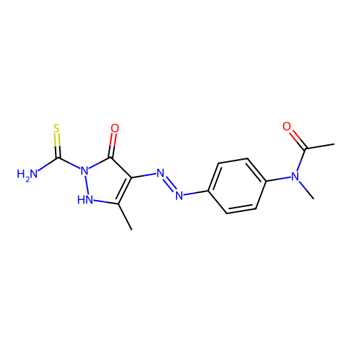 N-(4-{(2E)-2-[1-(aminocarbonothioyl)-3-methyl-5-oxo-1,5-dihydro-4H-pyrazol-4-ylidene]hydrazino}phenyl)-N-methylacetamide structure