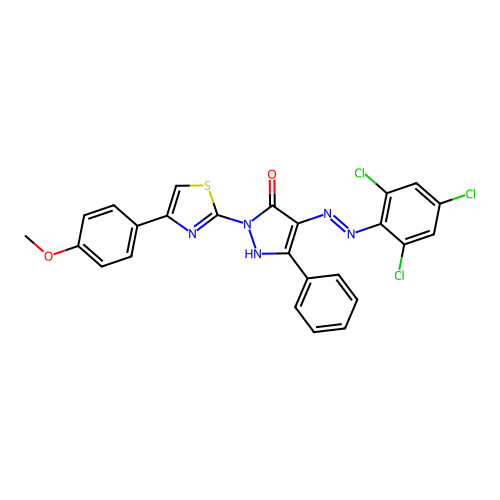 2-[4-(4-methoxyphenyl)-1,3-thiazol-2-yl]-5-phenyl-4-[(2,4,6-trichlorophenyl)hydrazono]-2,4-dihydro-3H-pyrazol-3-one structure