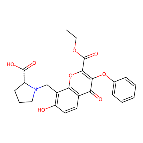 (2R)-1-[(2-ethoxycarbonyl-7-hydroxy-4-oxo-3-phenoxychromen-8-yl)methyl]pyrrolidine-2-carboxylic acid structure
