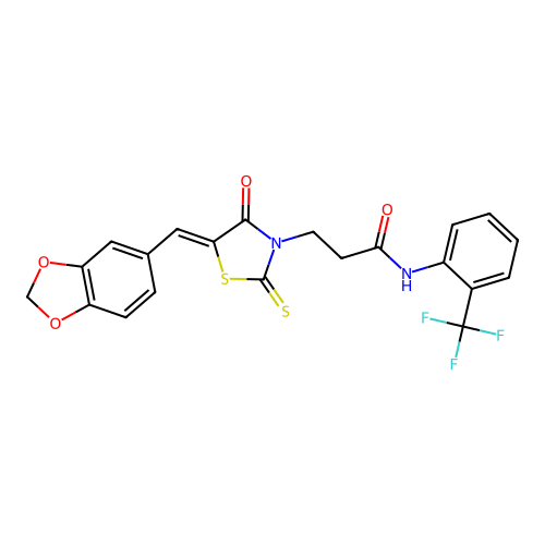 (Z)-3-(5-(benzo[d][1,3]dioxol-5-ylmethylene)-4-oxo-2-thioxothiazolidin-3-yl)-N-(2-(trifluoromethyl)phenyl)propanamide structure