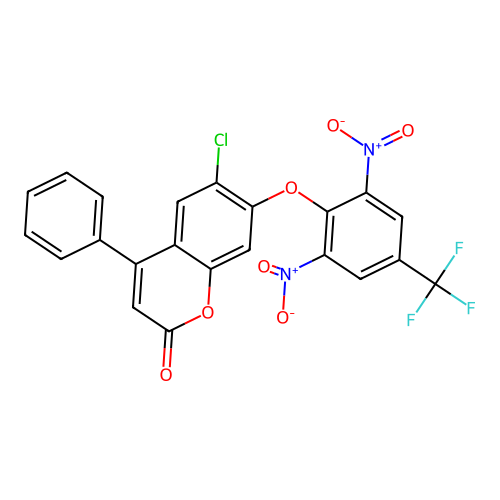 6-chloro-7-[2,6-dinitro-4-(trifluoromethyl)phenoxy]-4-phenyl-2H-chromen-2-one structure