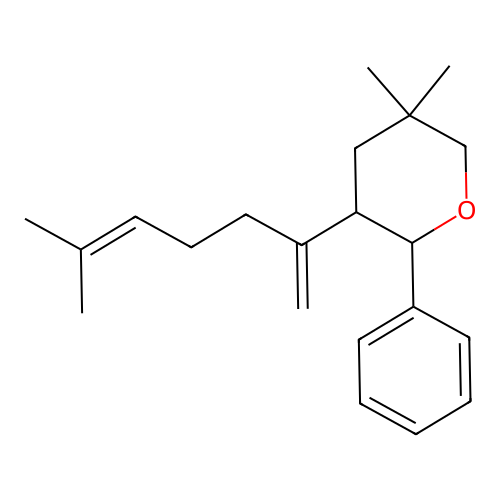 5,5-dimethyl-3-(6-methylhepta-1,5-dien-2-yl)-2-phenyltetrahydro-2H-pyran structure