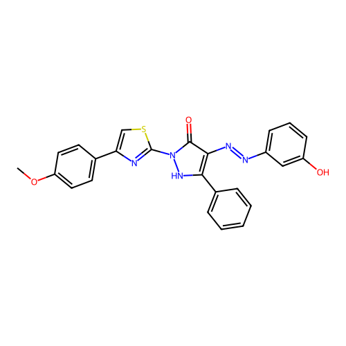 4-[(3-hydroxyphenyl)hydrazono]-2-[4-(4-methoxyphenyl)-1,3-thiazol-2-yl]-5-phenyl-2,4-dihydro-3H-pyrazol-3-one structure