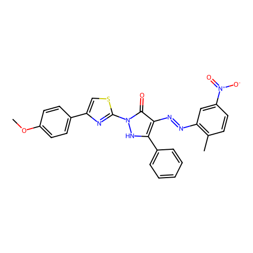 (4E)-2-[4-(4-methoxyphenyl)-1,3-thiazol-2-yl]-4-[2-(2-methyl-5-nitrophenyl)hydrazinylidene]-5-phenyl-2,4-dihydro-3H-pyrazol-3-one structure