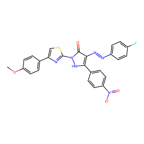 4-[(4-fluorophenyl)hydrazono]-2-[4-(4-methoxyphenyl)-1,3-thiazol-2-yl]-5-(4-nitrophenyl)-2,4-dihydro-3H-pyrazol-3-one structure