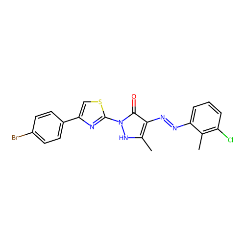 2-[4-(4-bromophenyl)-1,3-thiazol-2-yl]-4-[(3-chloro-2-methylphenyl)hydrazono]-5-methyl-2,4-dihydro-3H-pyrazol-3-one structure