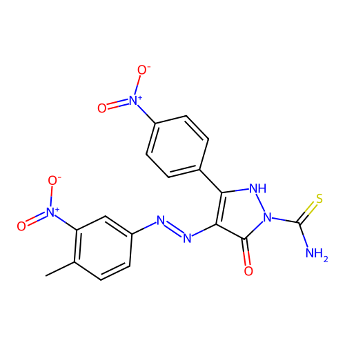(4E)-4-[2-(4-methyl-3-nitrophenyl)hydrazinylidene]-3-(4-nitrophenyl)-5-oxo-4,5-dihydro-1H-pyrazole-1-carbothioamide structure