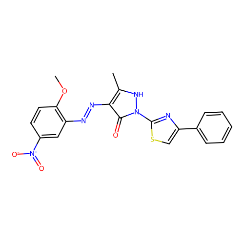 4-[(2-methoxy-5-nitrophenyl)hydrazono]-5-methyl-2-(4-phenyl-1,3-thiazol-2-yl)-2,4-dihydro-3H-pyrazol-3-one structure