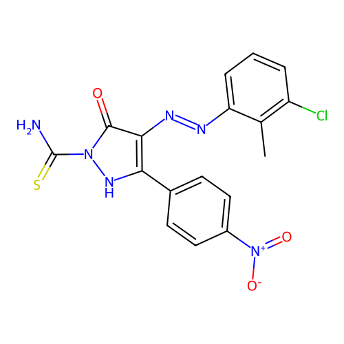 4-[(3-chloro-2-methylphenyl)hydrazono]-3-(4-nitrophenyl)-5-oxo-4,5-dihydro-1H-pyrazole-1-carbothioamide structure